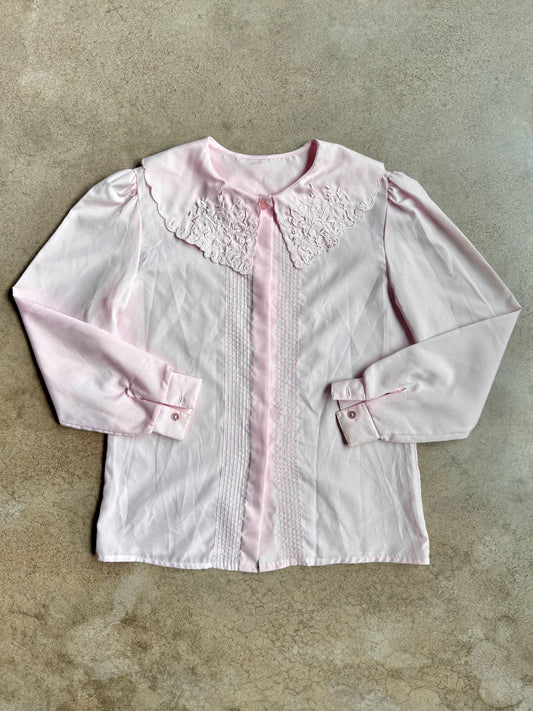 Vintage 1980s Pink Embroidered Collar Puff Sleeve Babydoll Blouse | Medium