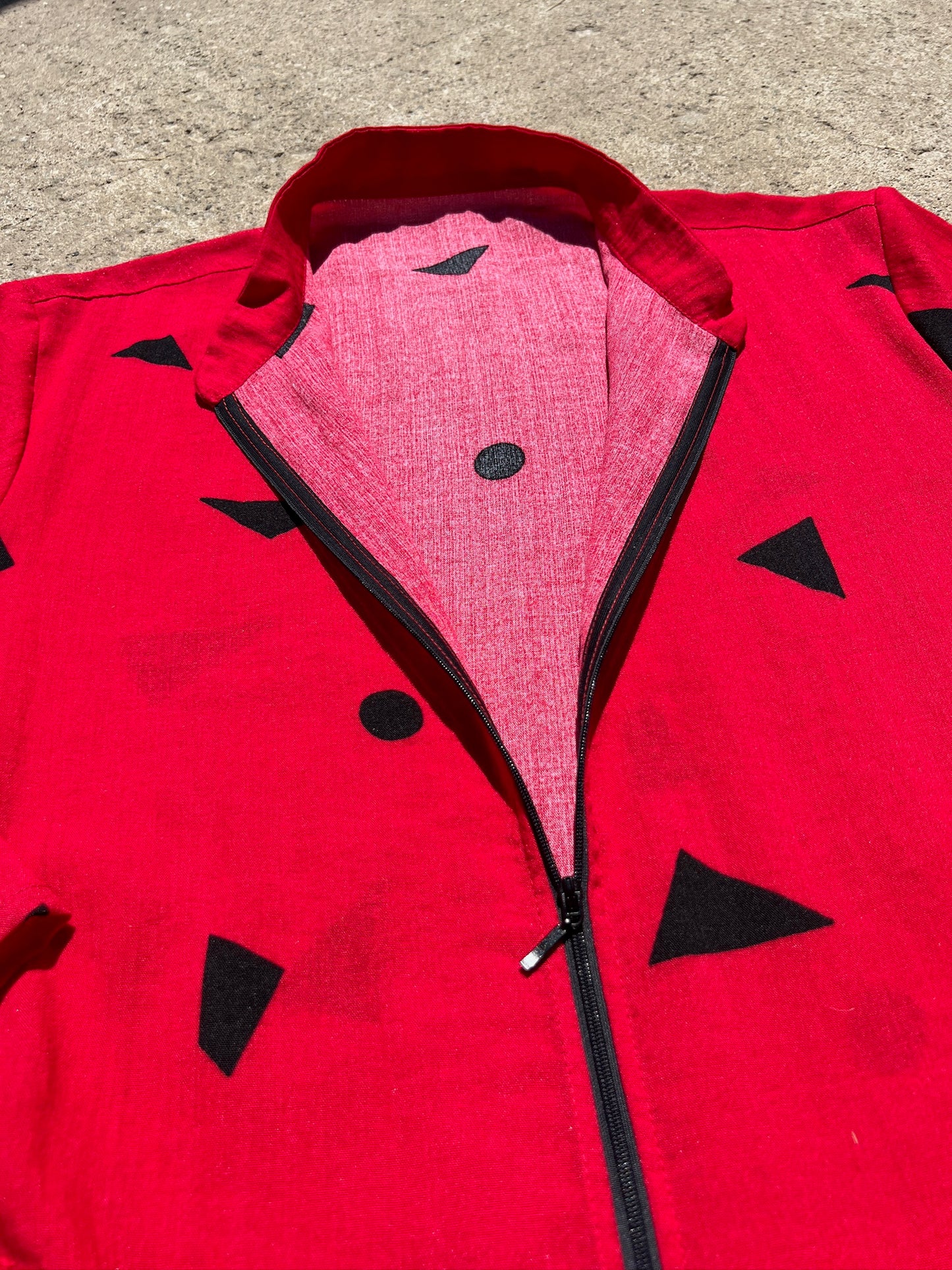 Fridaze Red Geometric Pattern Zip-Up Linen Jacket | L/XL