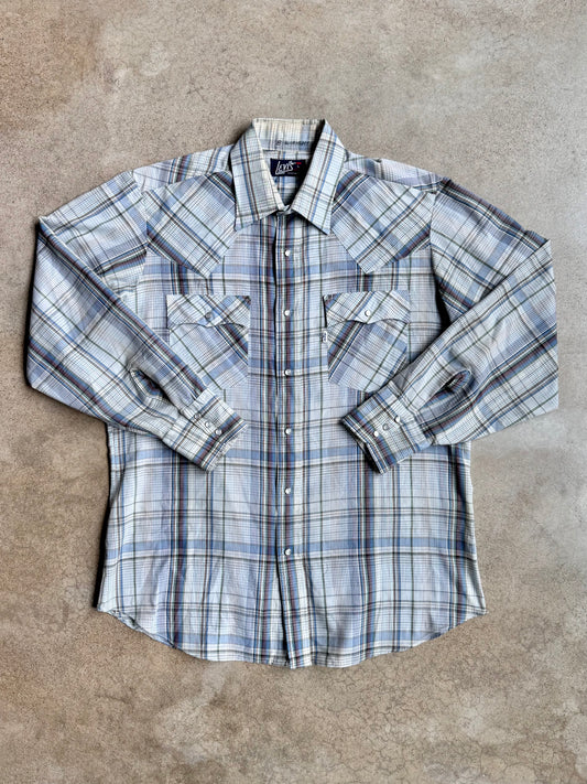 Vintage 1980s Levi’s Blue Plaid Pearl Snap Western Shirt | Large