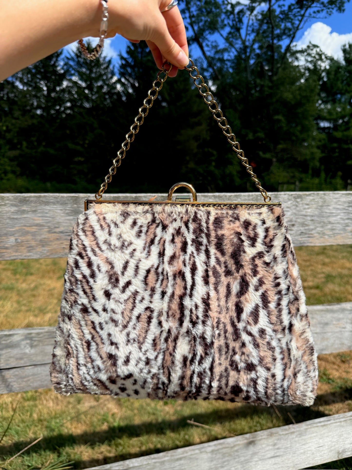 Vintage 1960s Leopard Animal Print Gold Chain Handbag