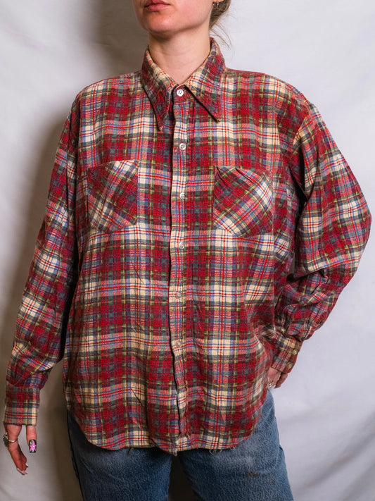 Vintage 1970s Avalanche Distressed Plaid Cotton Flannel Shirt | XL