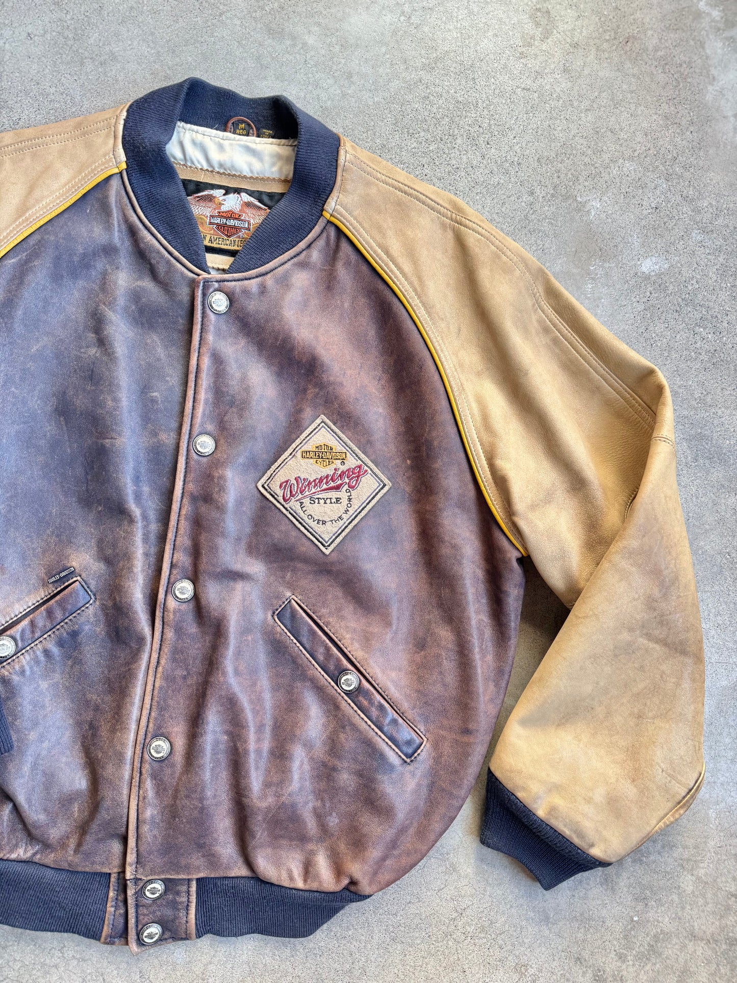 Vintage 1990s Harley Davidson Grand National Champion Leather Bomber Jacket | Medium