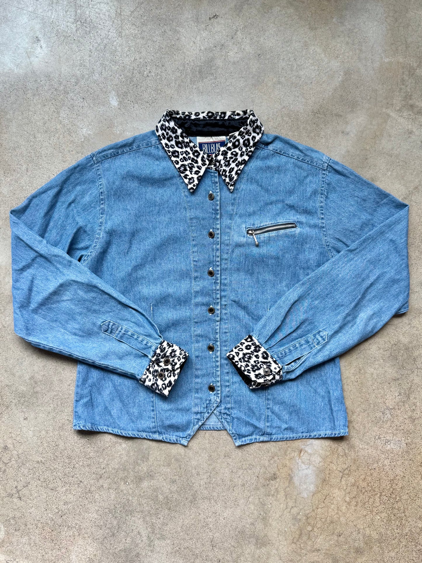 Vintage 1990s Bill Blass Leopard Print Trim Denim Shirt | Medium