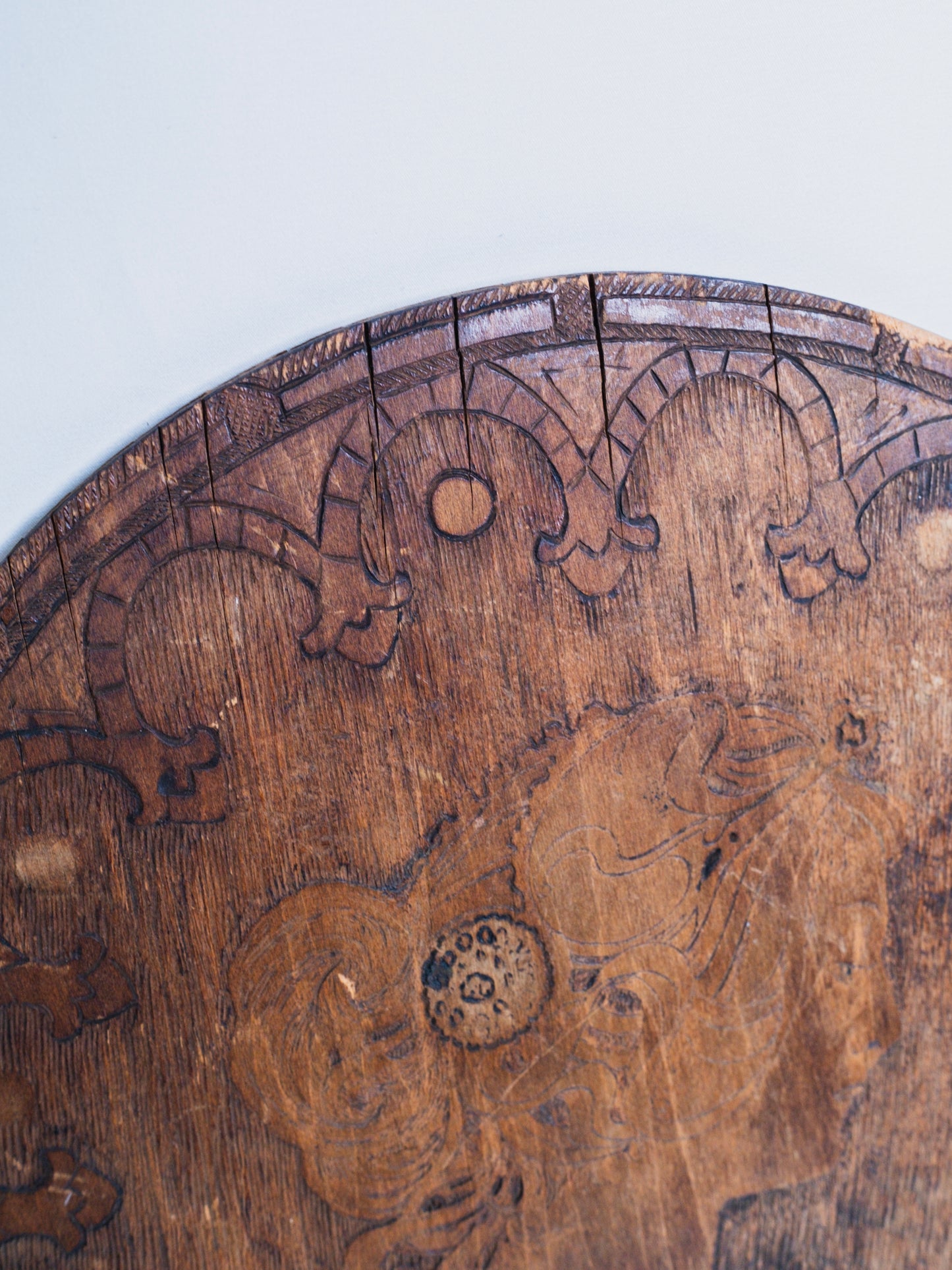 Antique 1900s Art Nouveau Round Flemish Wood Pyrography Woman Portrait Wall Art