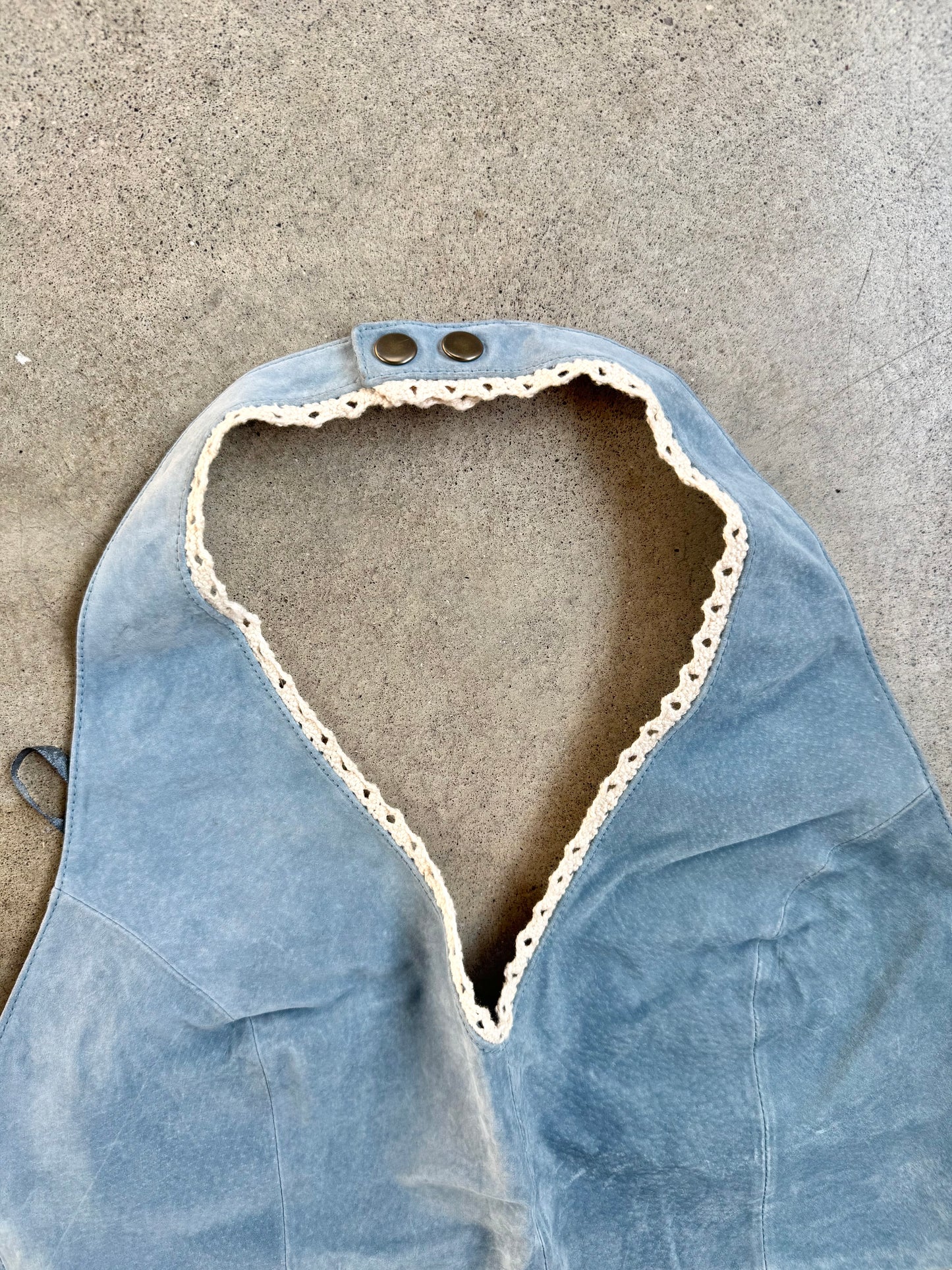 Vintage 1990s Wilsons Leather Blue Suede Crochet Trim Halter Top | Large