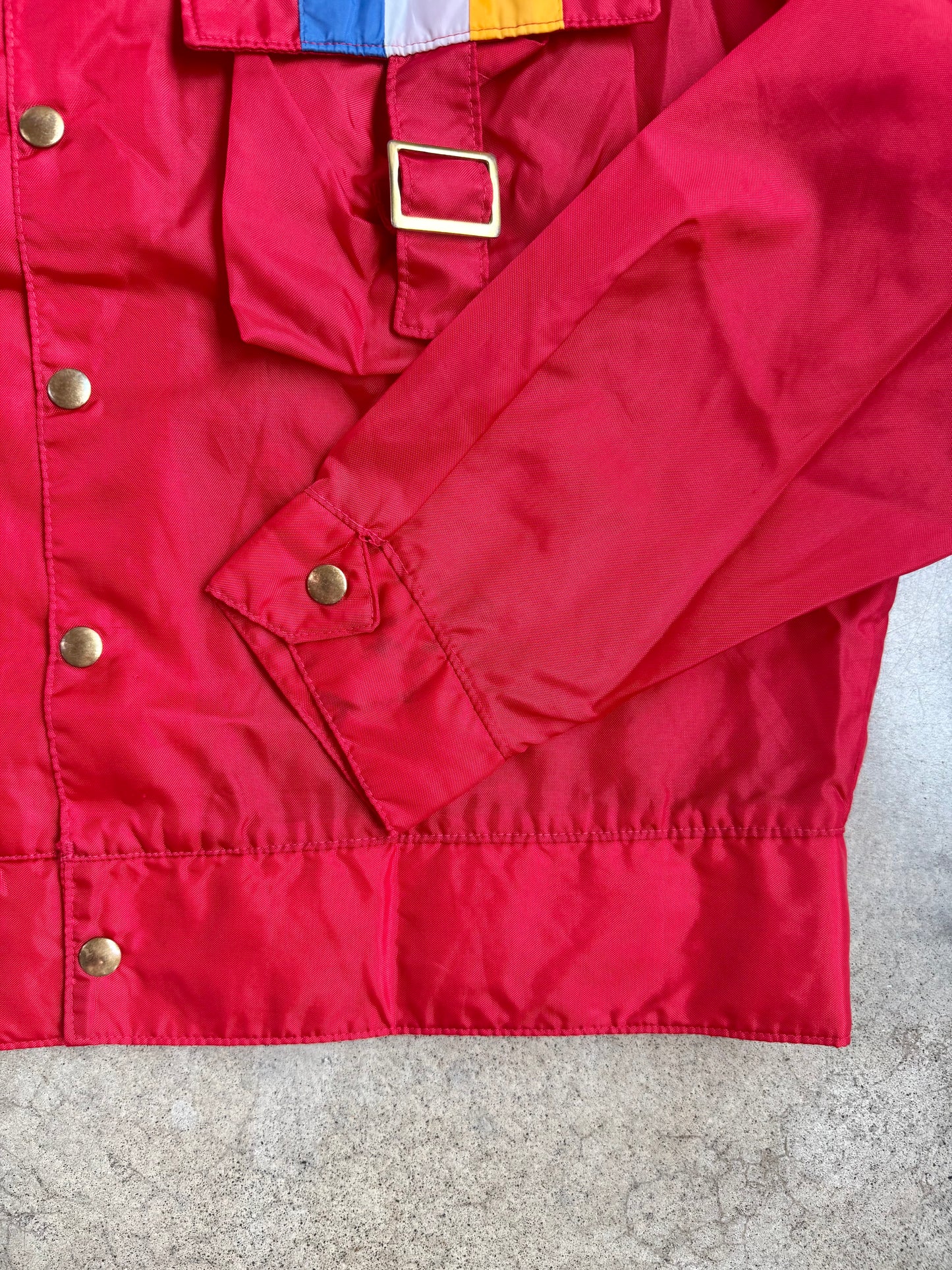 Vintage 1980s Red Multi-Color Stripe Cargo Pocket Windbreaker Jacket | XL