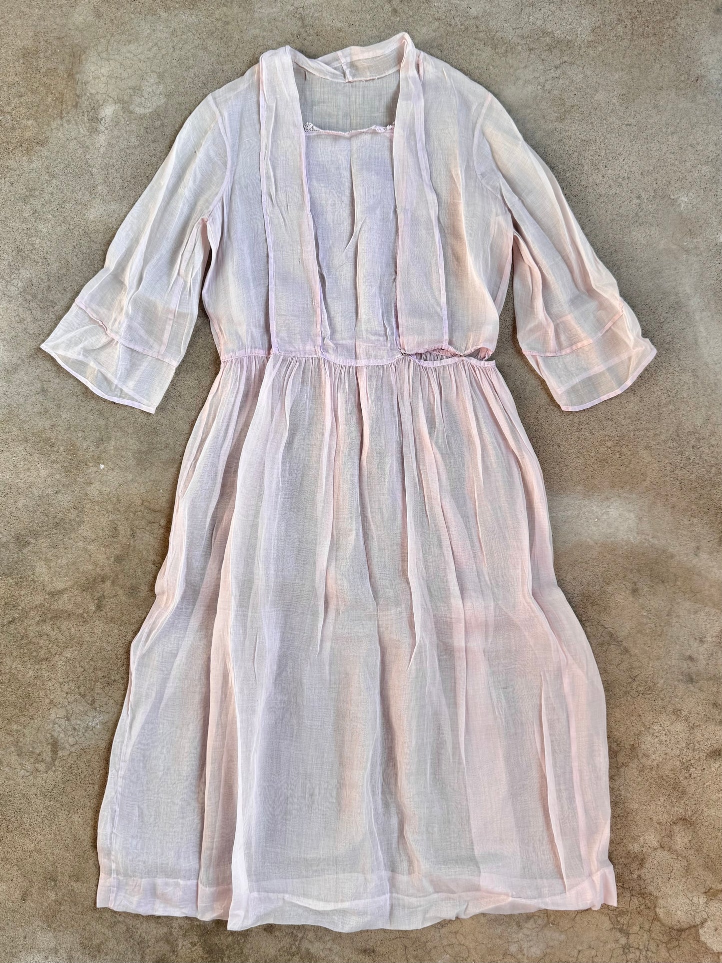 Antique 1920s Handmade Pale Pink Sheer Lawn Dress | Small
