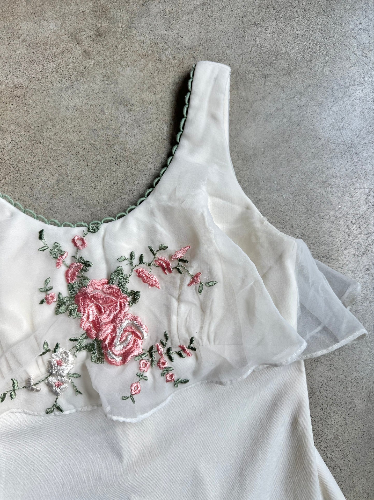Vintage 1970s Handmade Cream Floral Embroidered Maxi Dress | Small