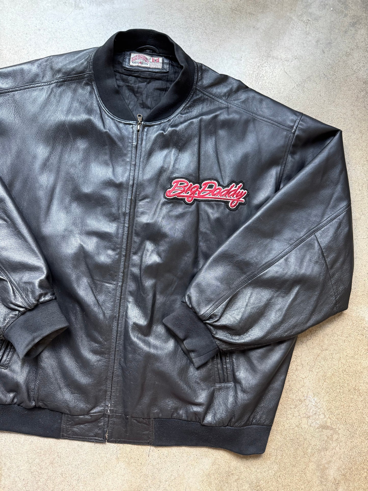 Vintage Big Daddy Embroidered Black Leather Bomber Jacket | 5XL