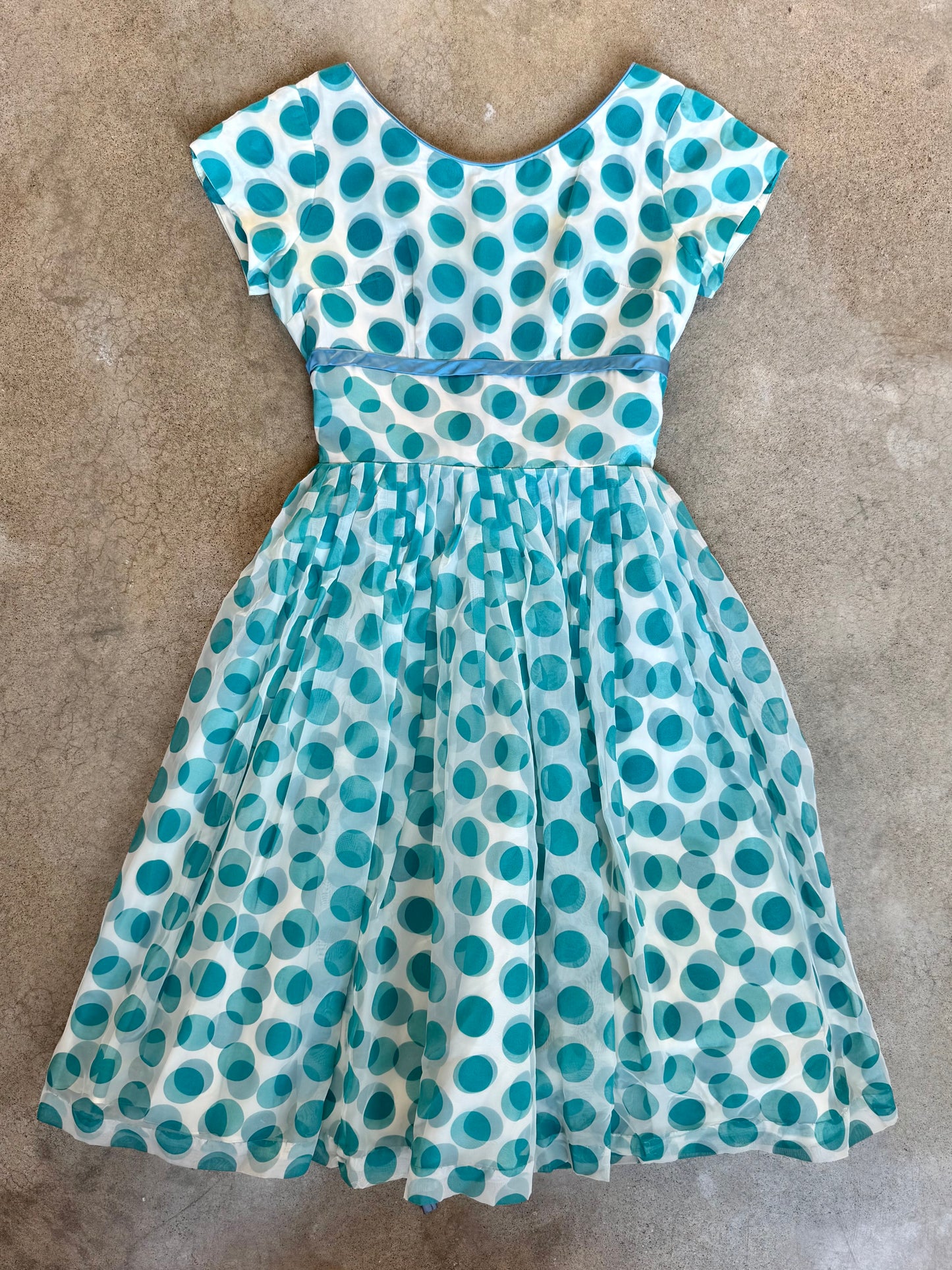 Vintage 1950s Teal Polka Dot Short Sleeve Fit & Flare Swing Dress | Medium