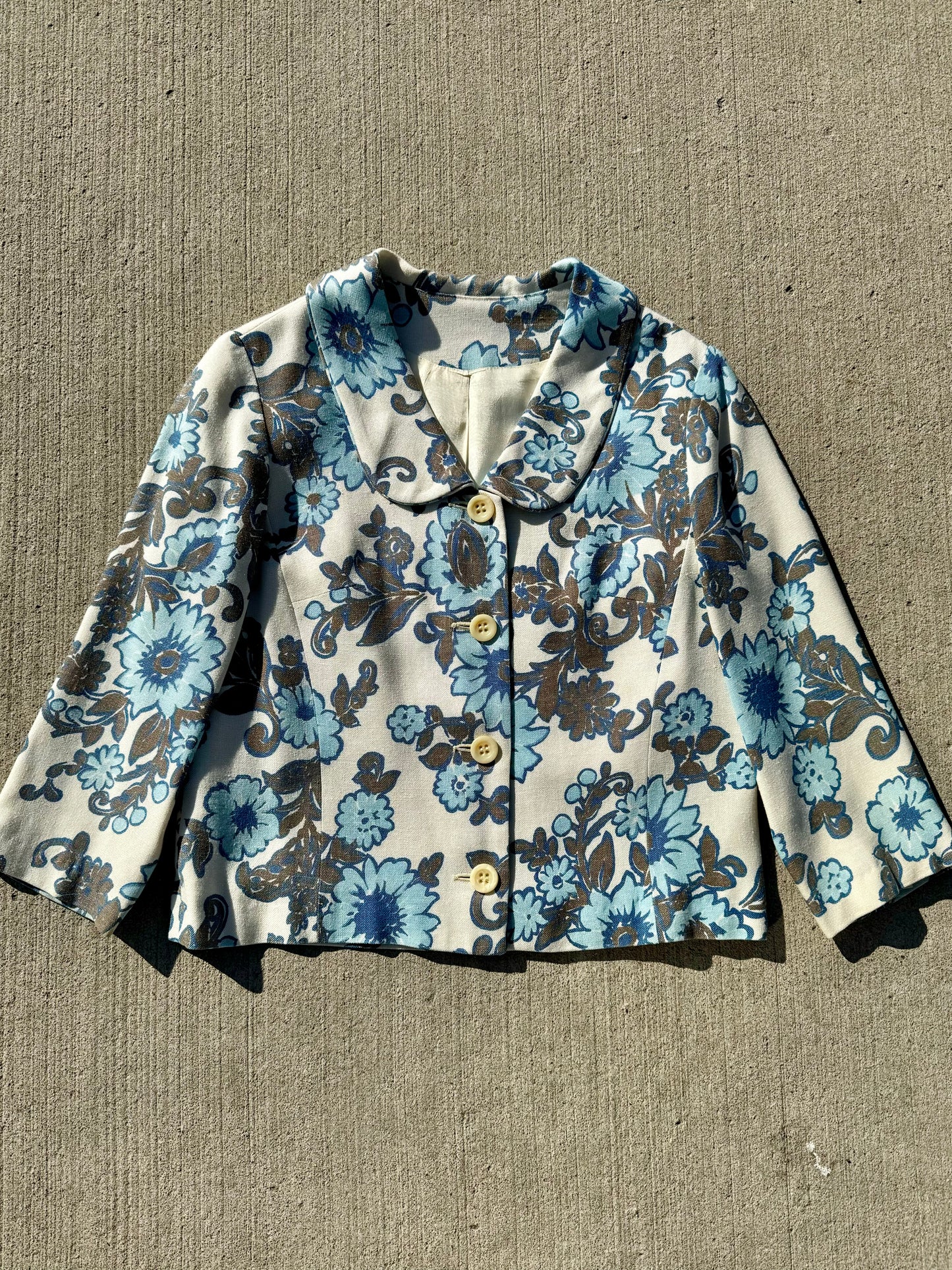 Vintage 1960s Blue Floral Buttoned Short Jacket | S/M