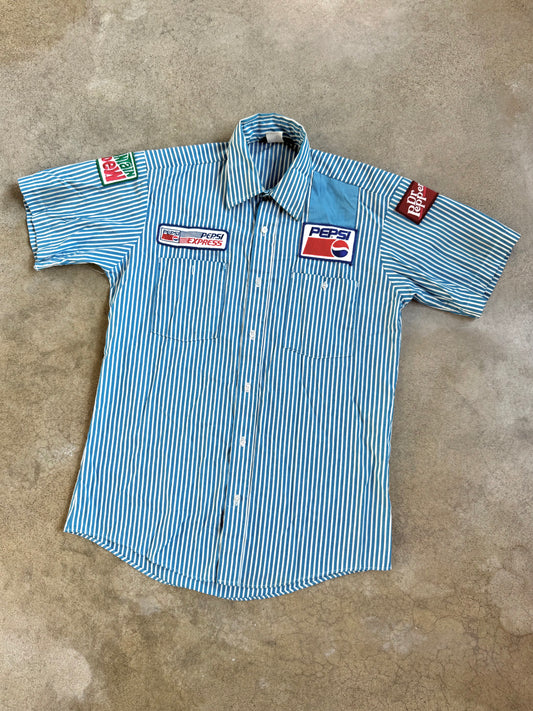 Vintage 1970s Blue Stripe Pepsi Patched Uniform Work Shirt | Medium