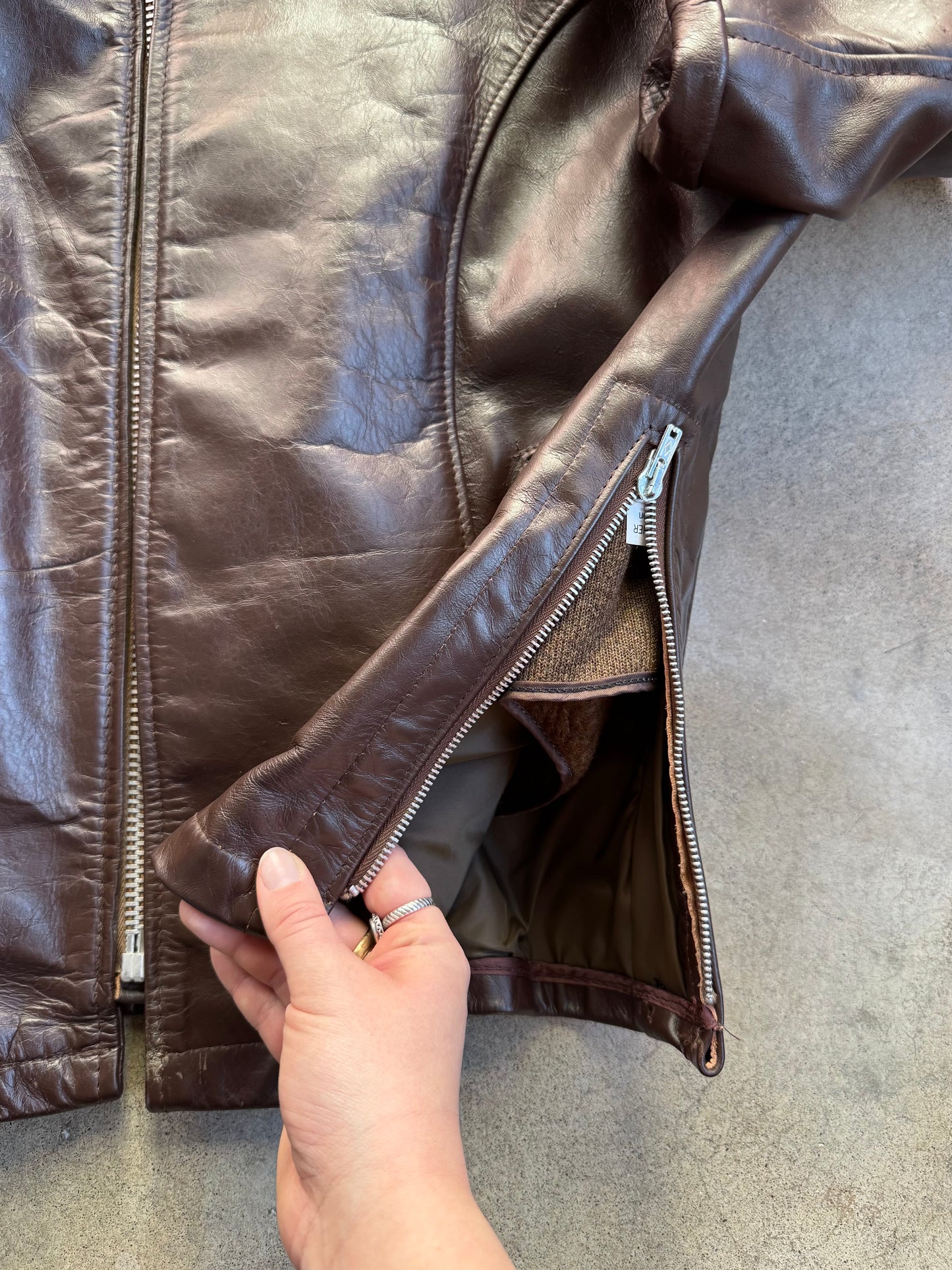 Vintage 1970s Sears The Leather Shop Brown Zip-Up Riding Jacket | 46R