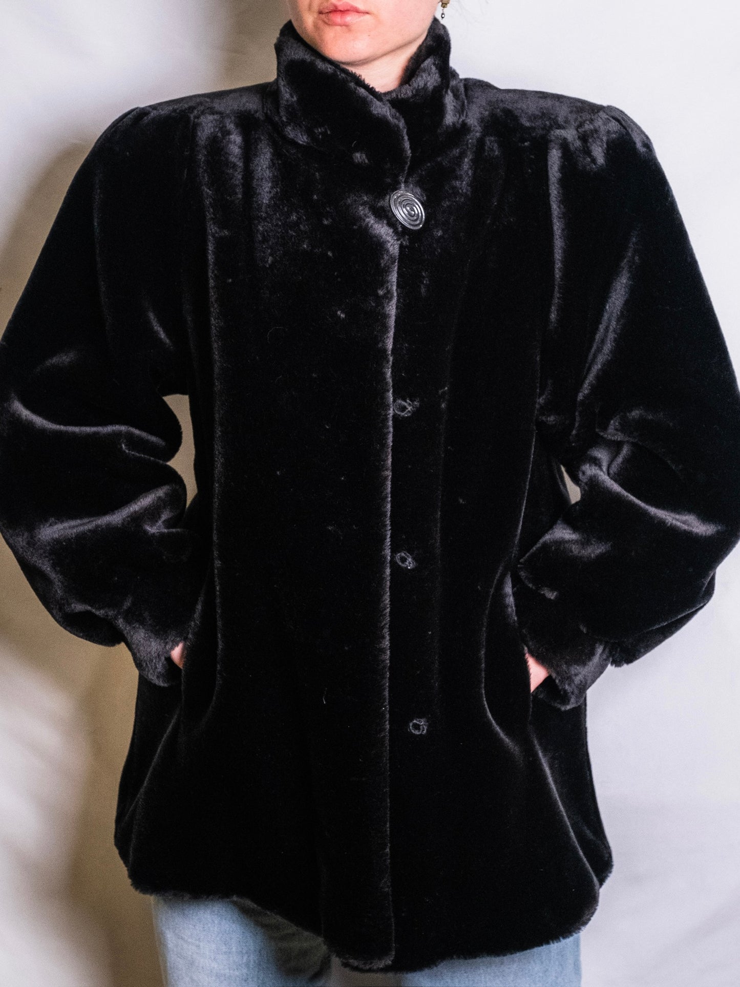 Vintage 1980s Donny Brook Black Faux Fur Short Coat | Small