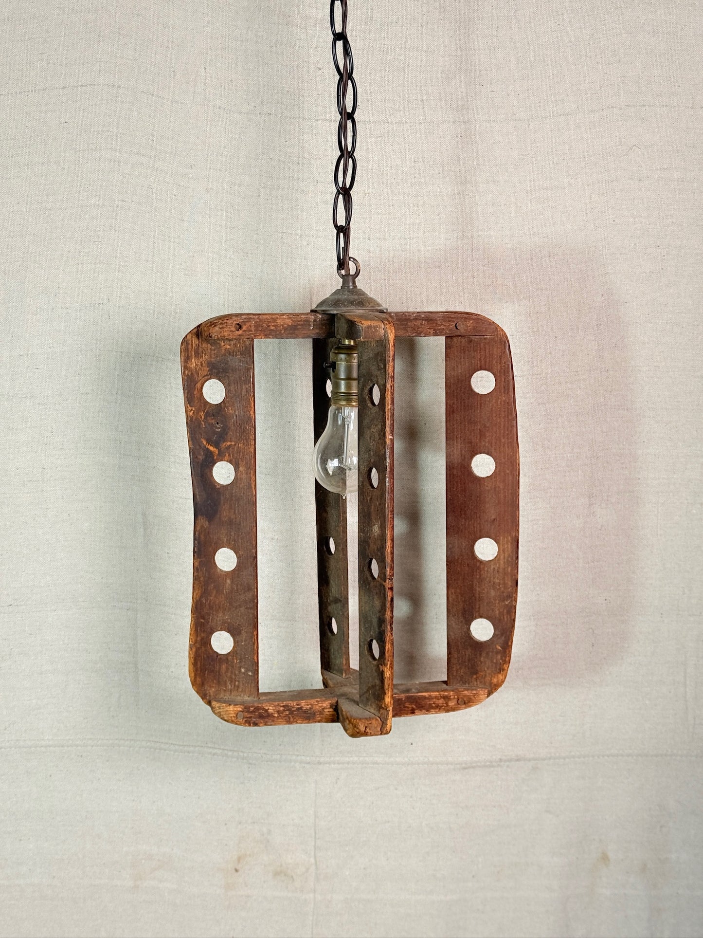 Handmade Antique Wood Churn Hanging Folk Light