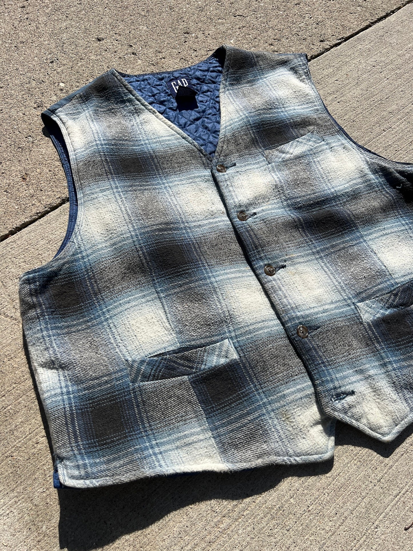 Vintage 1990s Gap Blue Plaid Cotton Vest | XL