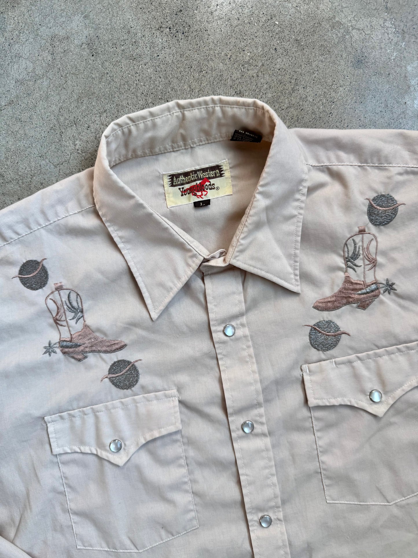 Vintage 1970s Youngbloods Western Boot Embroidered Pearl Snap Shirt | Large