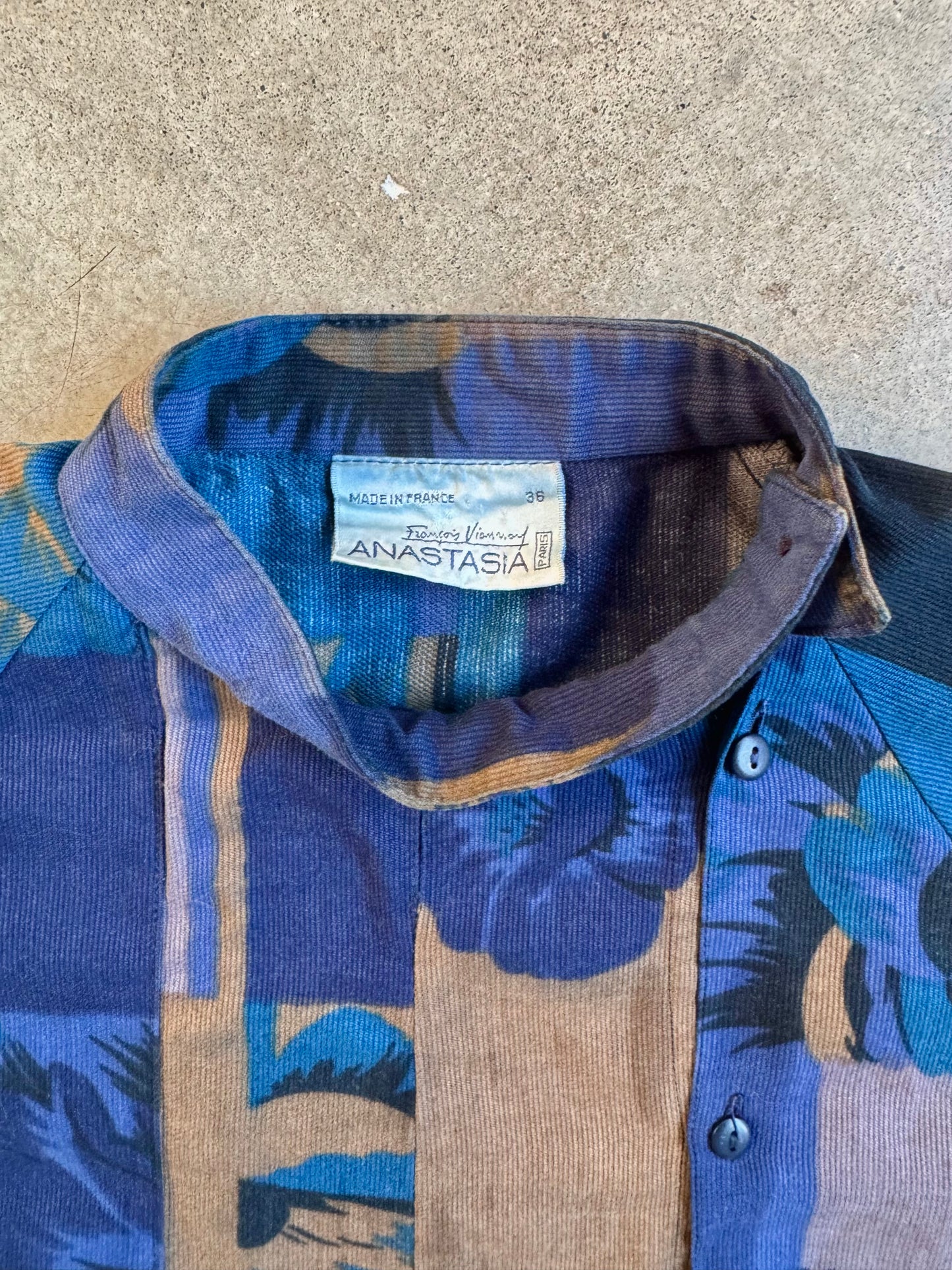 Vintage 1960s François Viannay Anastasia Blue Floral High-Neck Blouse | S/M
