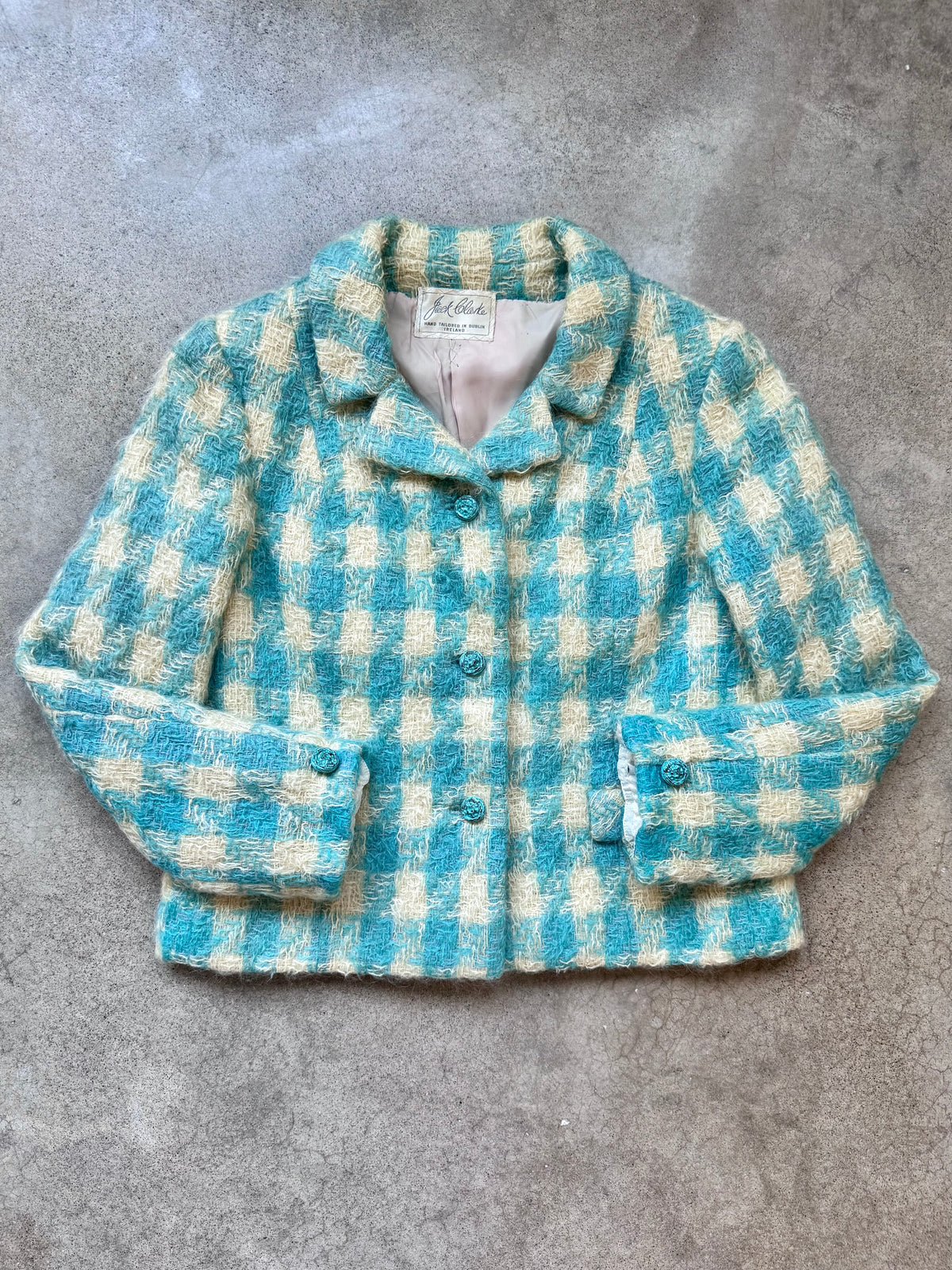 Vintage 1960s Blue & Cream Plaid Mohair-Blend Tweed Jacket | Small