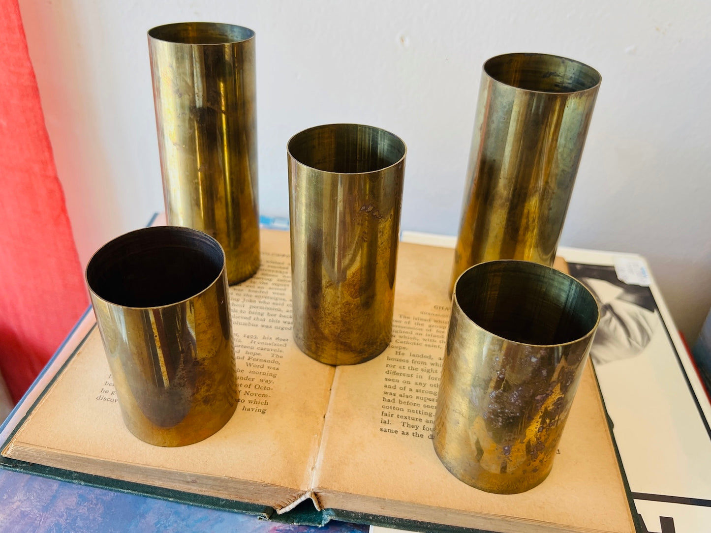 Vintage MCM 1950s Brass Cylinder Candle Holders | Set of 5