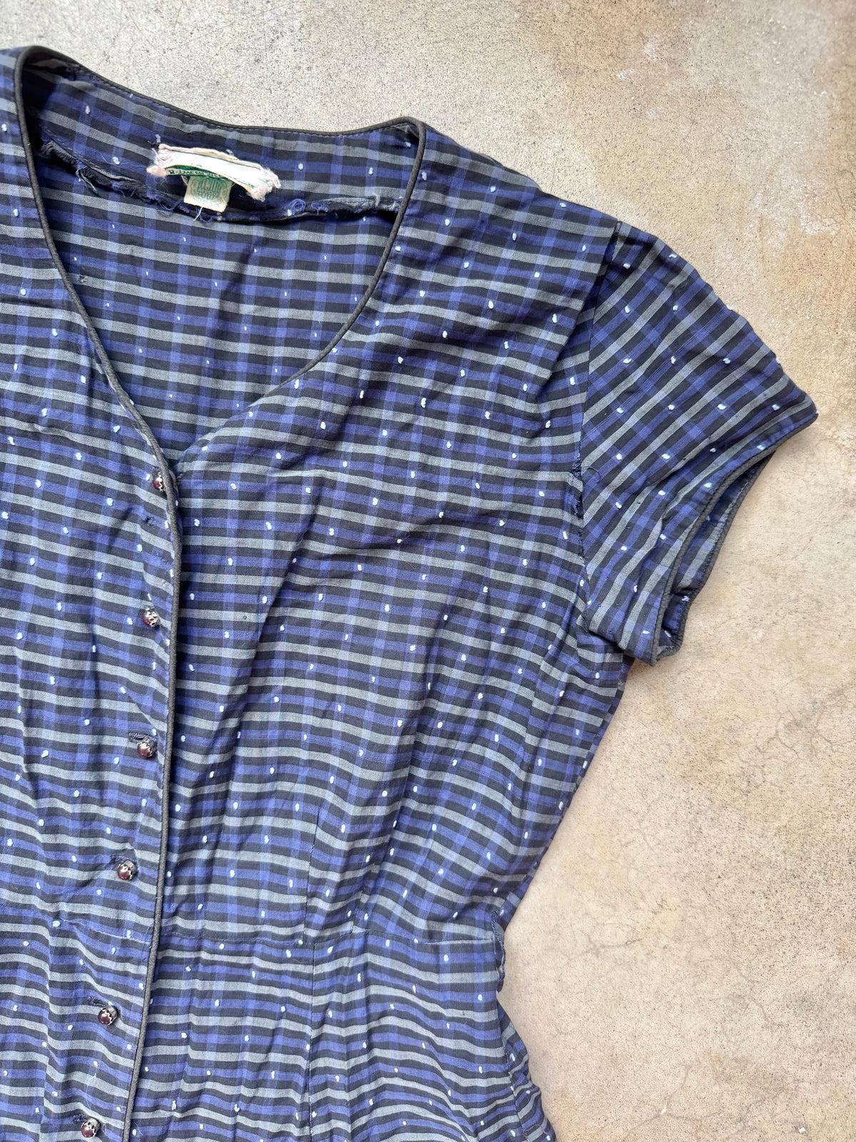 Vintage 1950s Berkshire Navy Swiss Dot Plaid Short Sleeve Button-Front Dress | XS