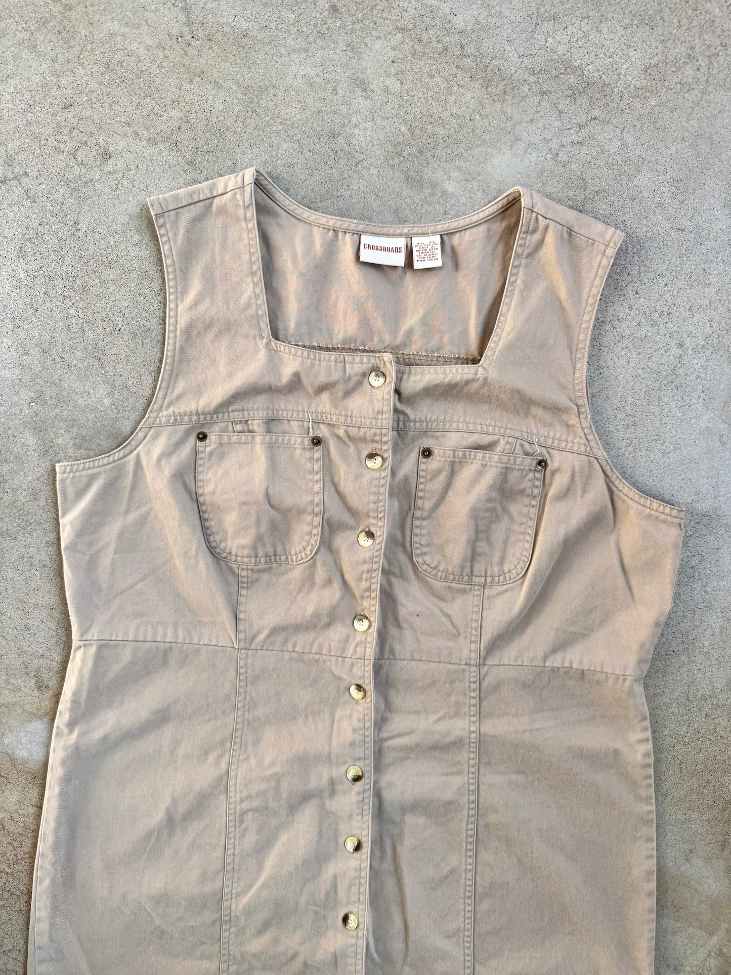 Vintage 1990s Crossroads Khaki Cotton Sleeveless Button-Front Dress | XL