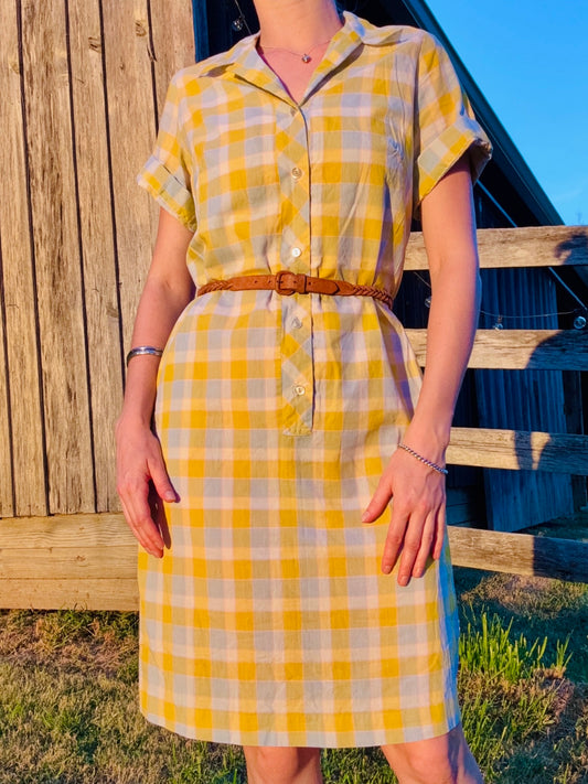 Vintage 1940s Dan River Fabric Plaid Short Sleeve Shirt Dress | Medium