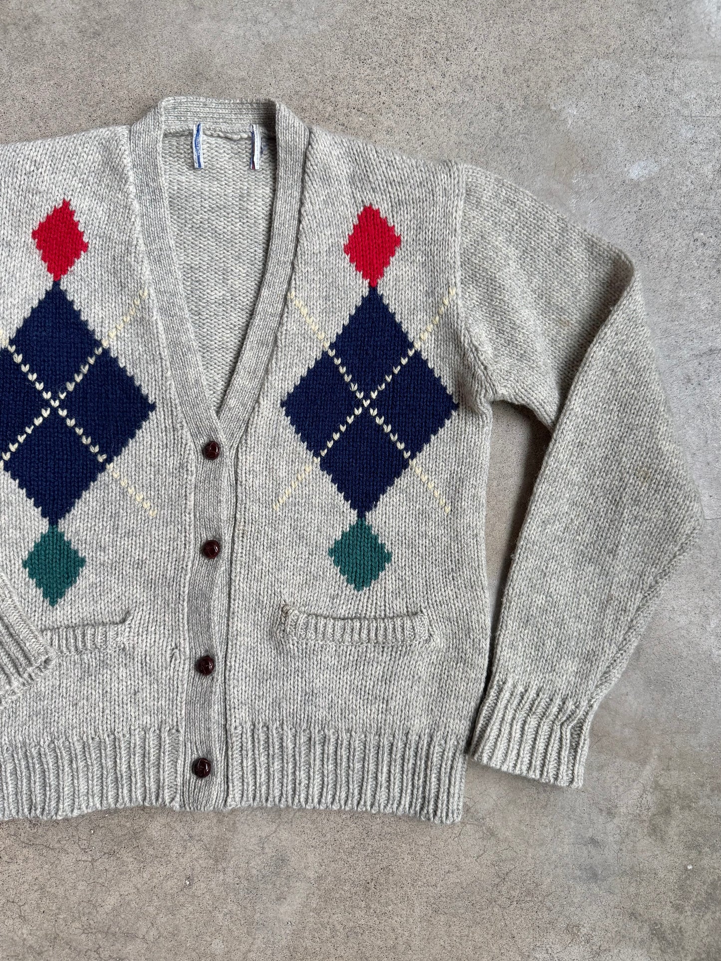 Vintage 1970s Grey Argyle V-Neck Cardigan | Small