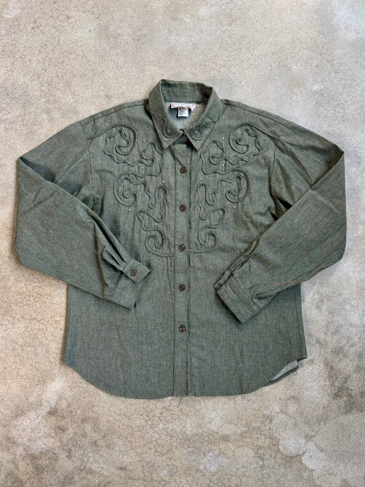 Vintage 1980s Starfire Green Embroidered Western Shirt | Large