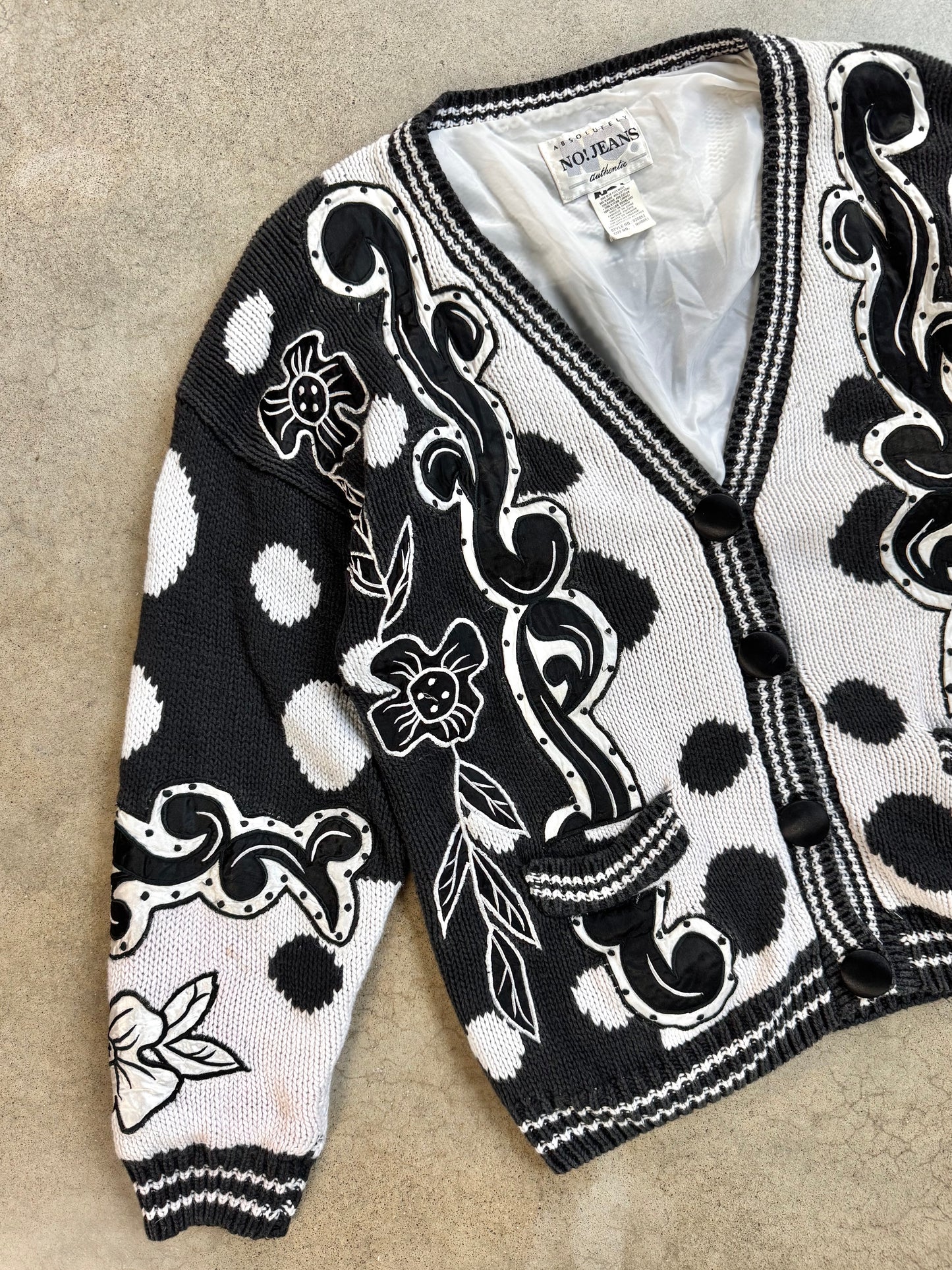 Vintage 1980s No! Jeans Black & White Floral Pattern Cardigan | One Size