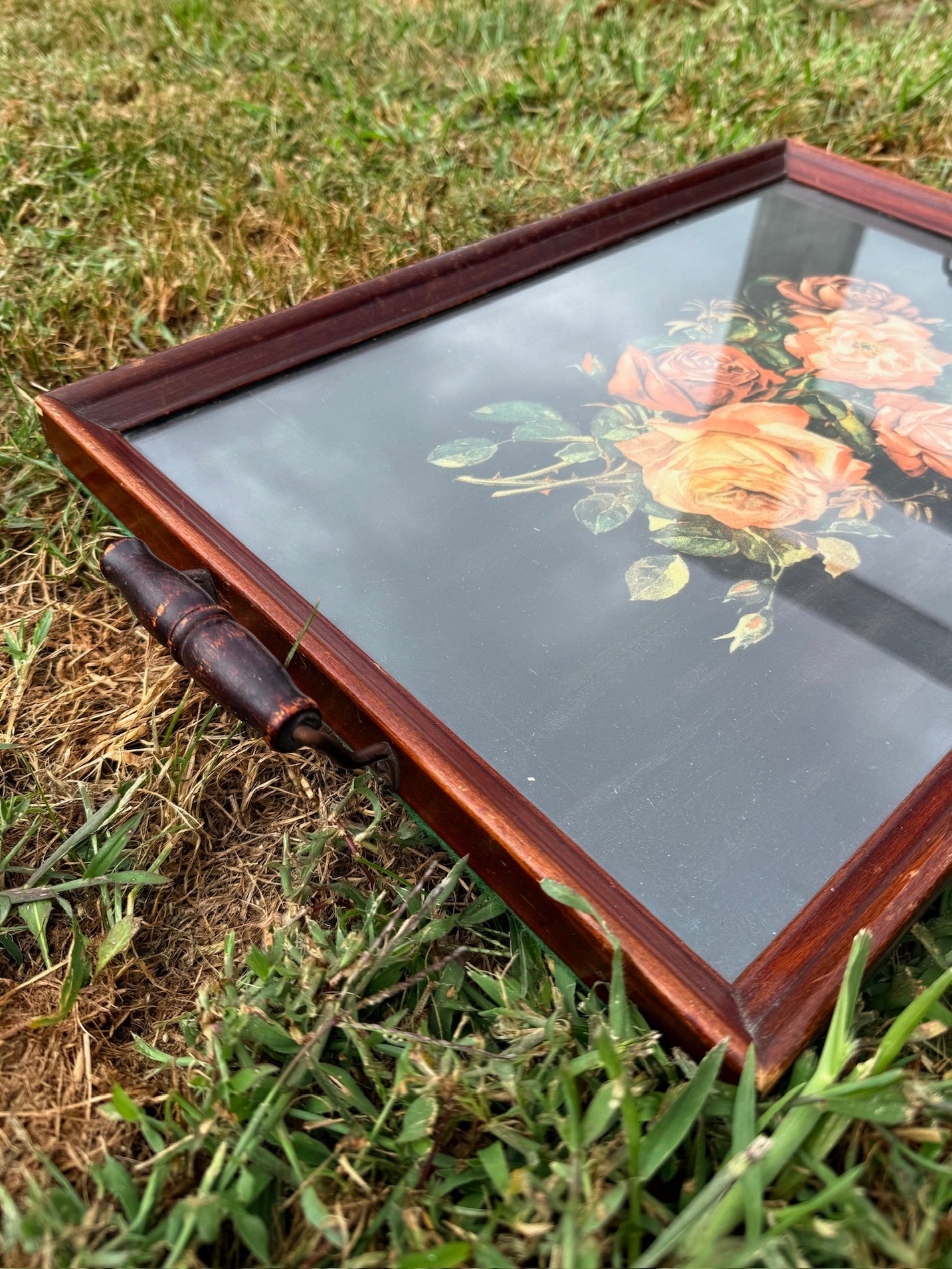 Vintage 1960s Wood & Glass Floral Print Serving Tray