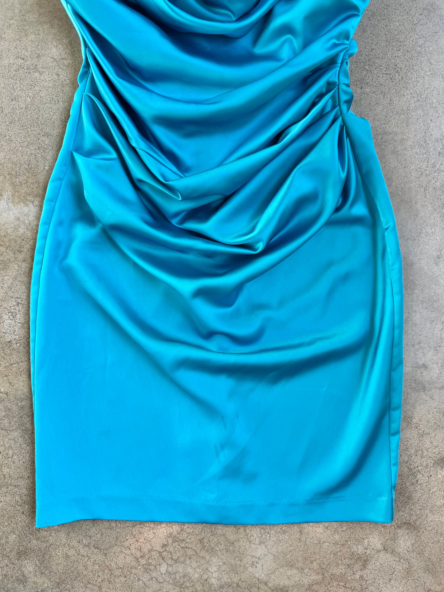 2000s David's Bridal Blue Satin Ruched Formal Mini Dress | Medium