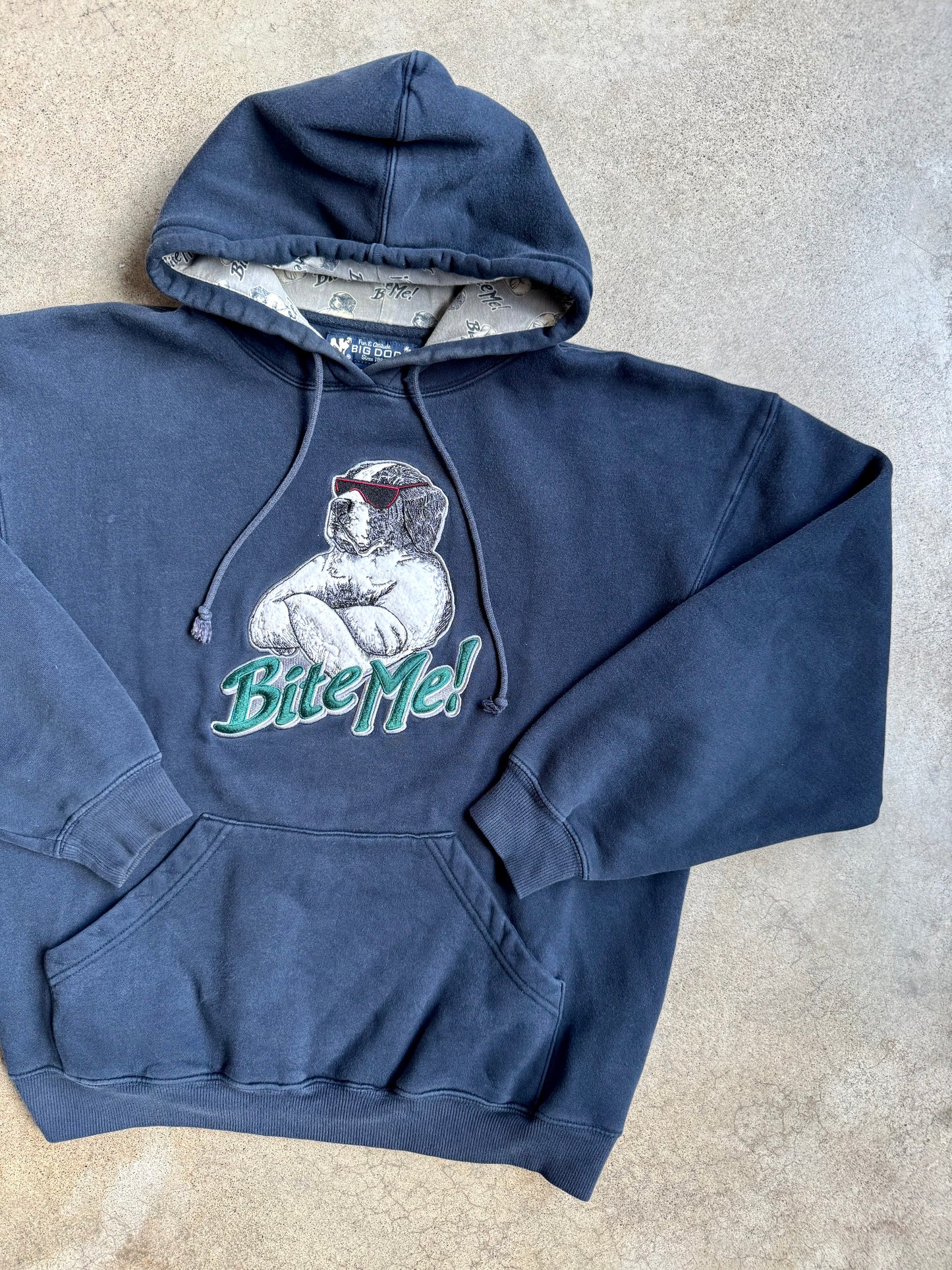 Vintage 1990s Big Dogs "Bite Me" Navy Blue Hoodie | Medium