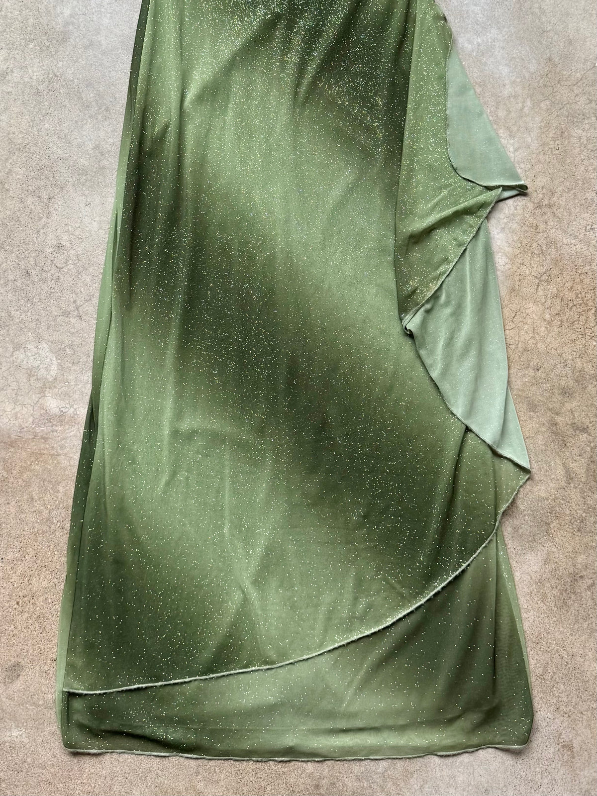 Vintage 1990s Taboo Green Sparkle Cascading Ruffle Maxi Dress | Medium