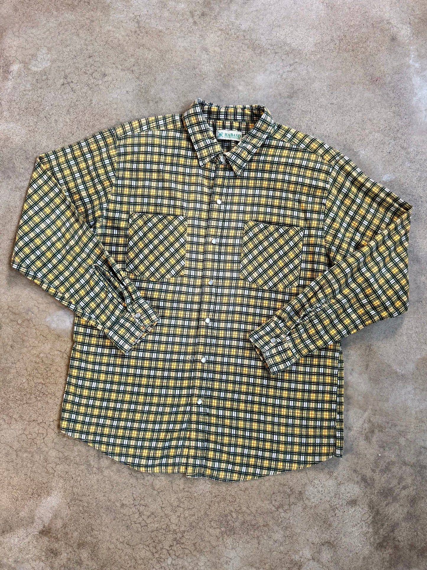 Vintage 1980s Haband Yellow Plaid Pearl Snap Shirt | Large