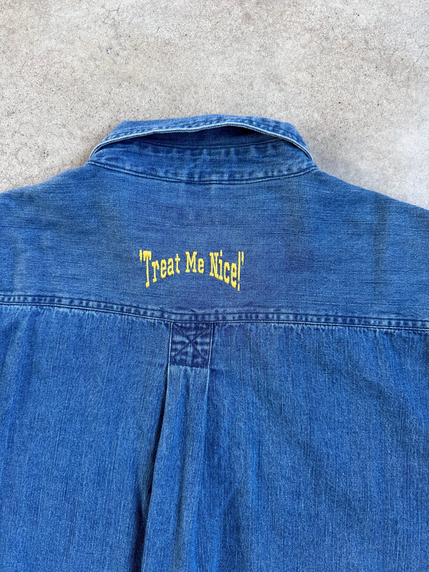 Vintage 1990s Elvis Presley "Treat Me Nice" Embroidered Denim Shirt | XXL