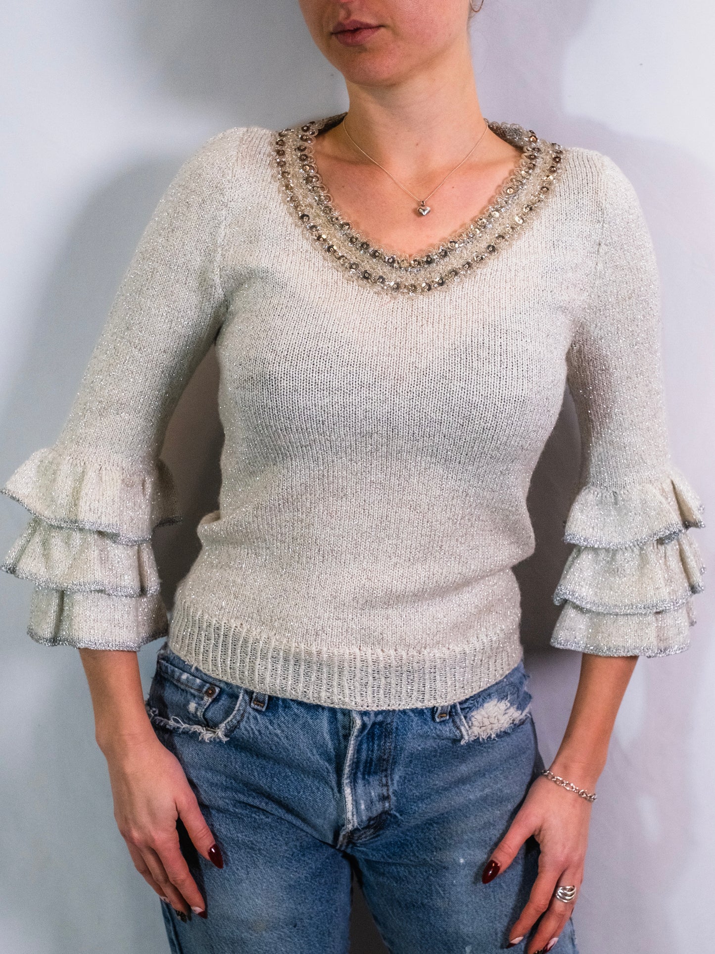 Vintage 1960s Silver Metallic Knit Ruffled Bell Sleeve Sweater | XS