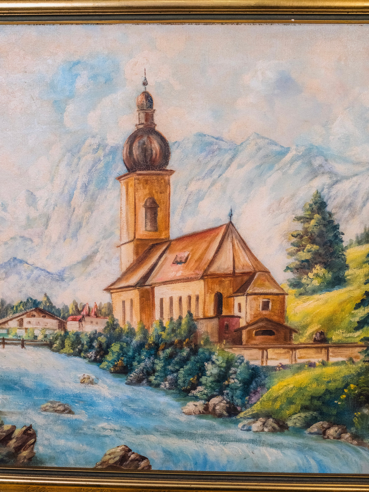 Vintage 1960s Framed “Parish Church of St. Sebastian” Oil Painting | Signed