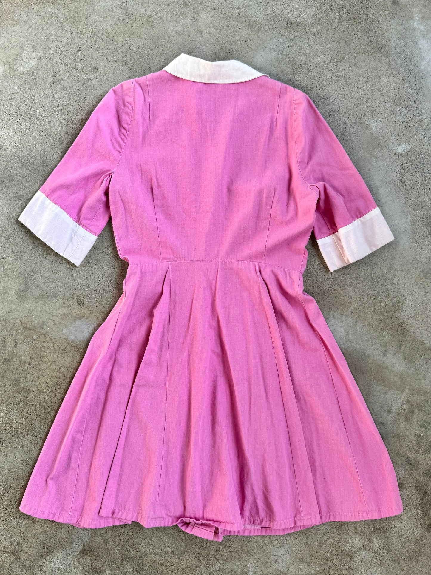 Vintage 1960s Pink & White Short Sleeve Collared Uniform Dress | Medium