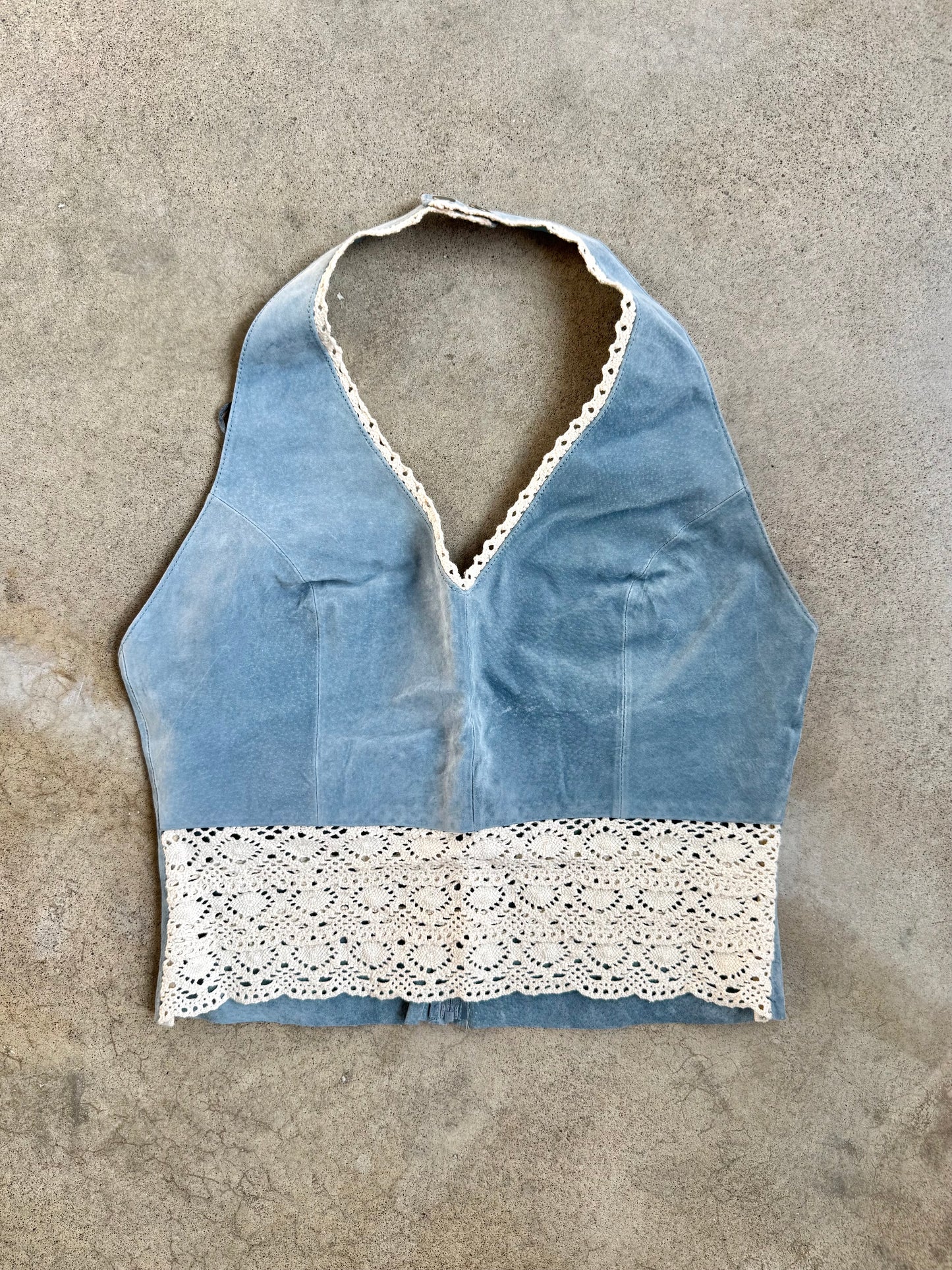Vintage 1990s Wilsons Leather Blue Suede Crochet Trim Halter Top | Large