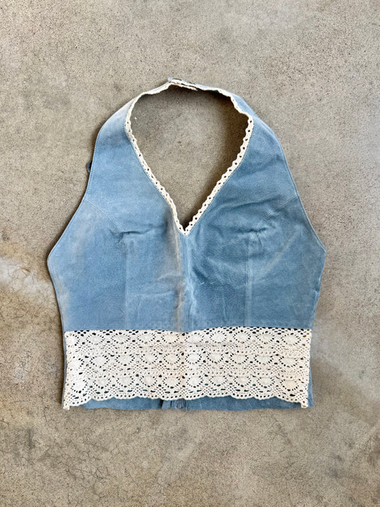Vintage 1990s Wilsons Leather Blue Suede Crochet Trim Halter Top | Large