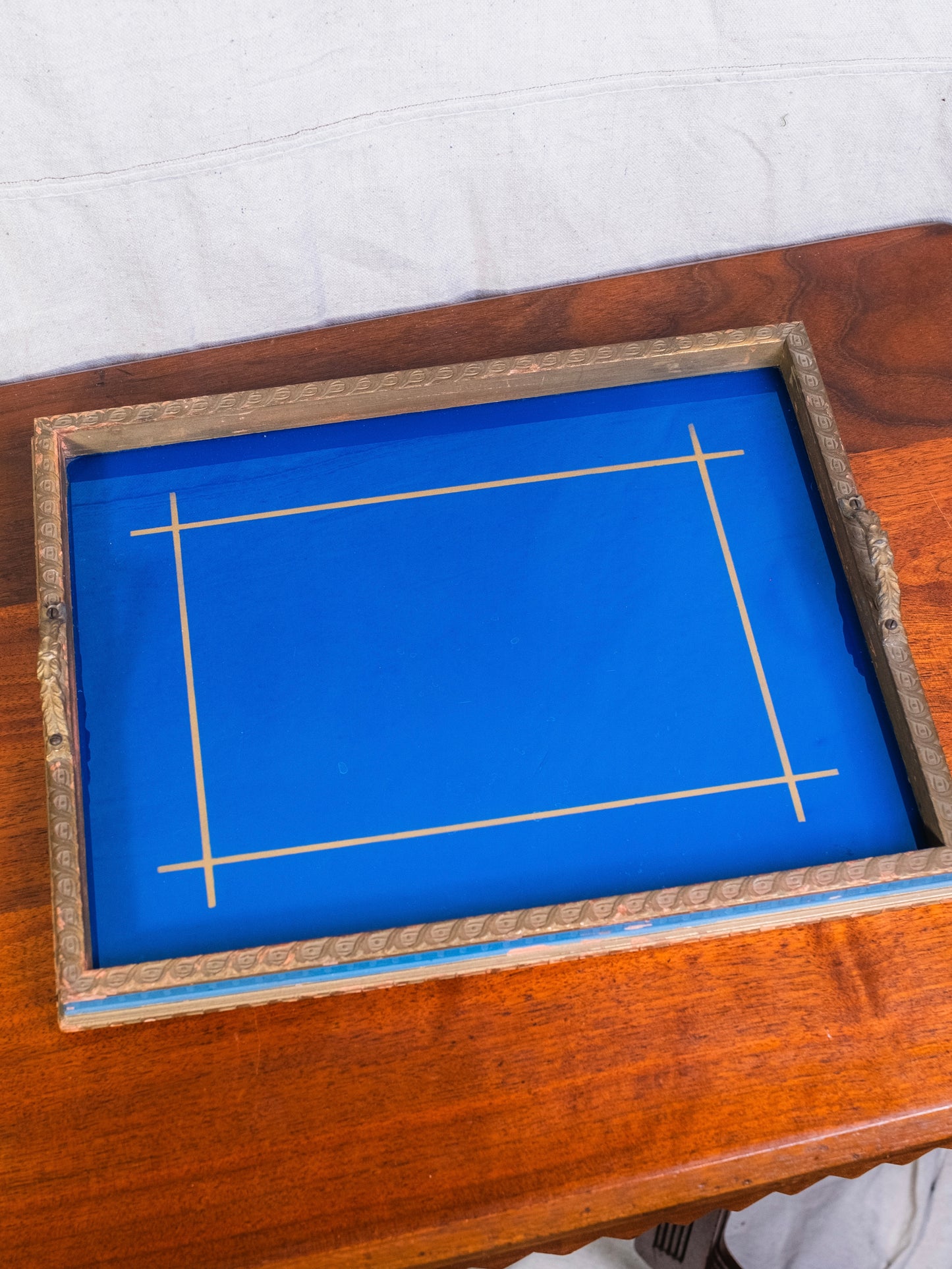 Antique 1920s Blue Reverse Painted Metal Handle Serving Tray