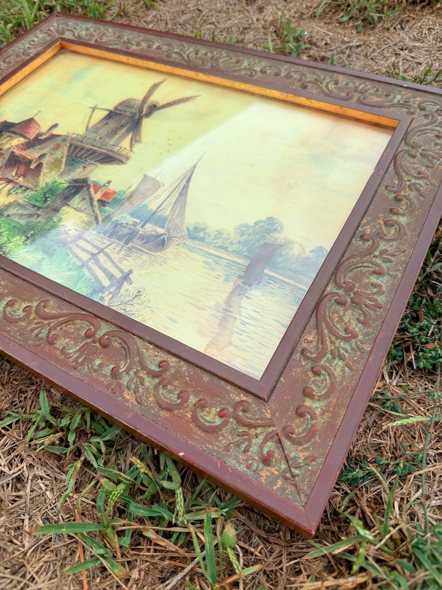 Vintage 1950s Framed Dutch Windmill Landscape Print Art