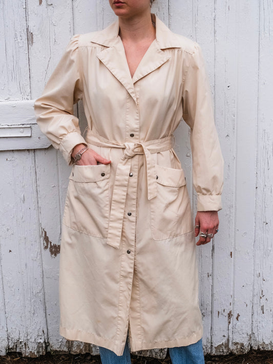Vintage 1970s Saxton Hall Cream Belted Trench Coat | Medium