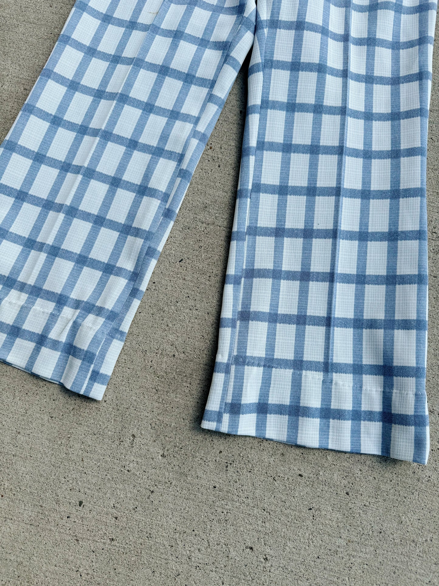 Vintage 1970s Blue/White Plaid Polyester Wide Leg Pants