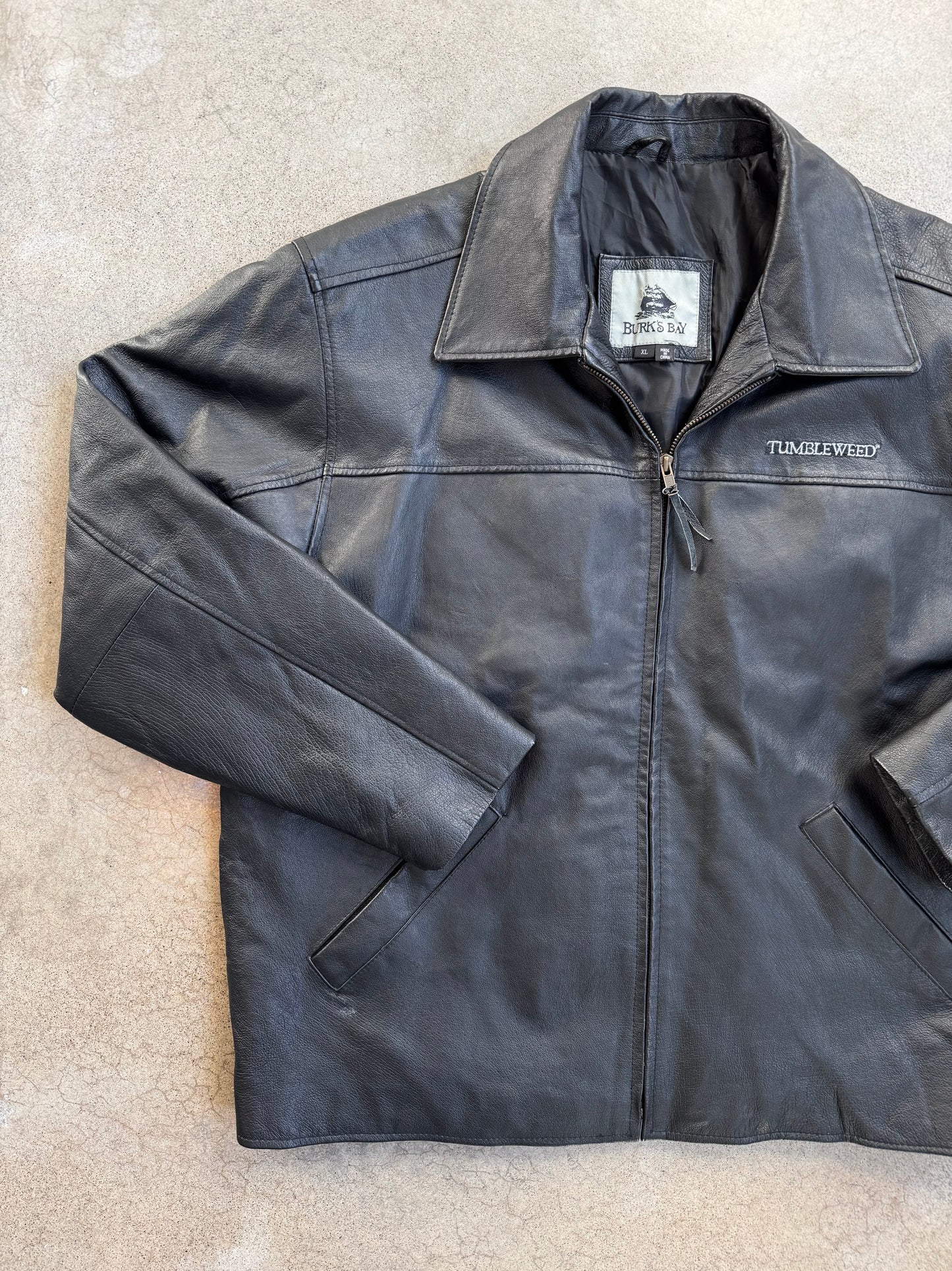 Vintage 1990s Burk’s Bay Tumbleweed Black Leather Zip-Up Jacket | XL