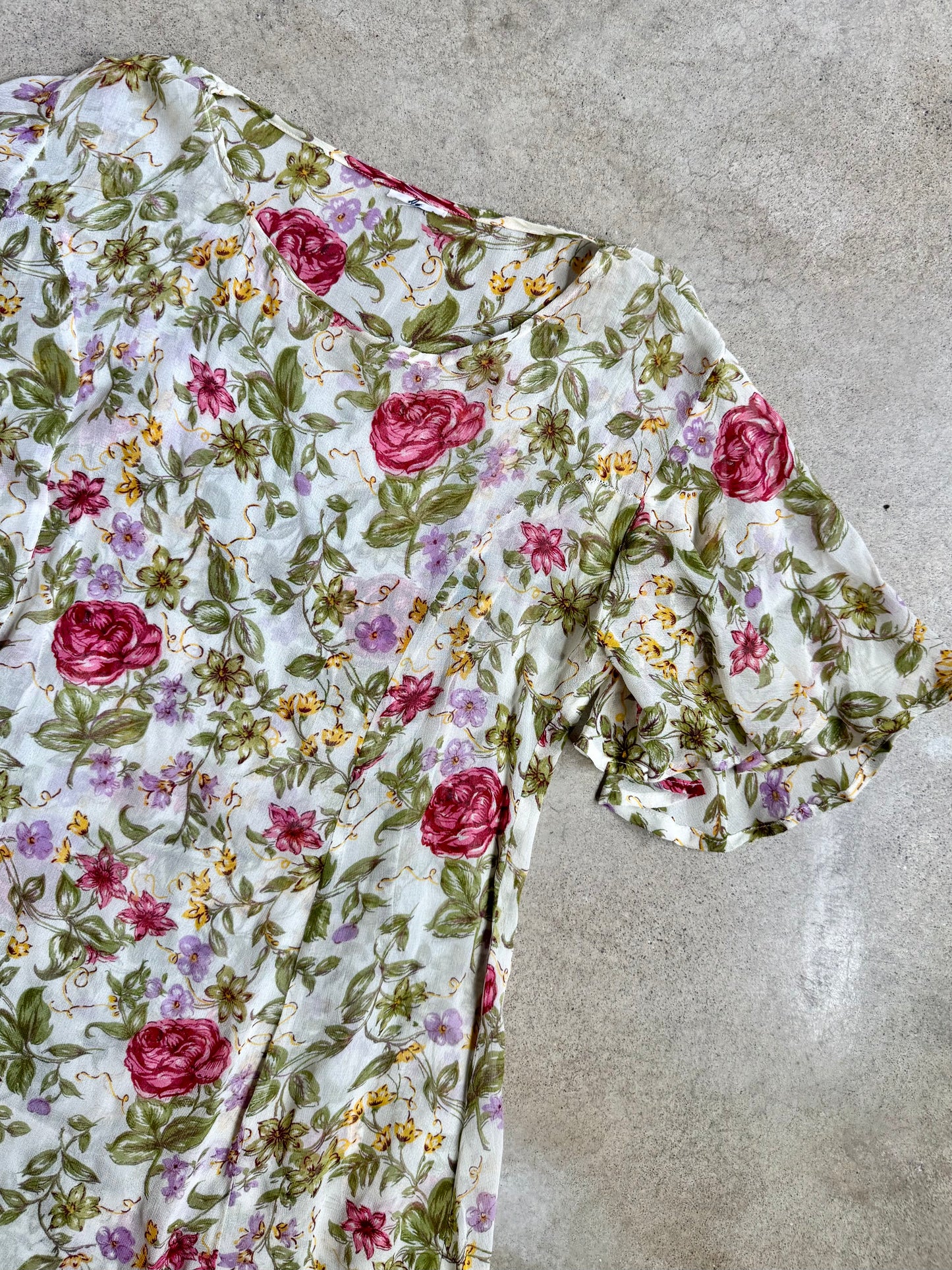 Vintage 1980s Sheer Floral Print Tie-Back Flutter Sleeve Summer Dress | M/L