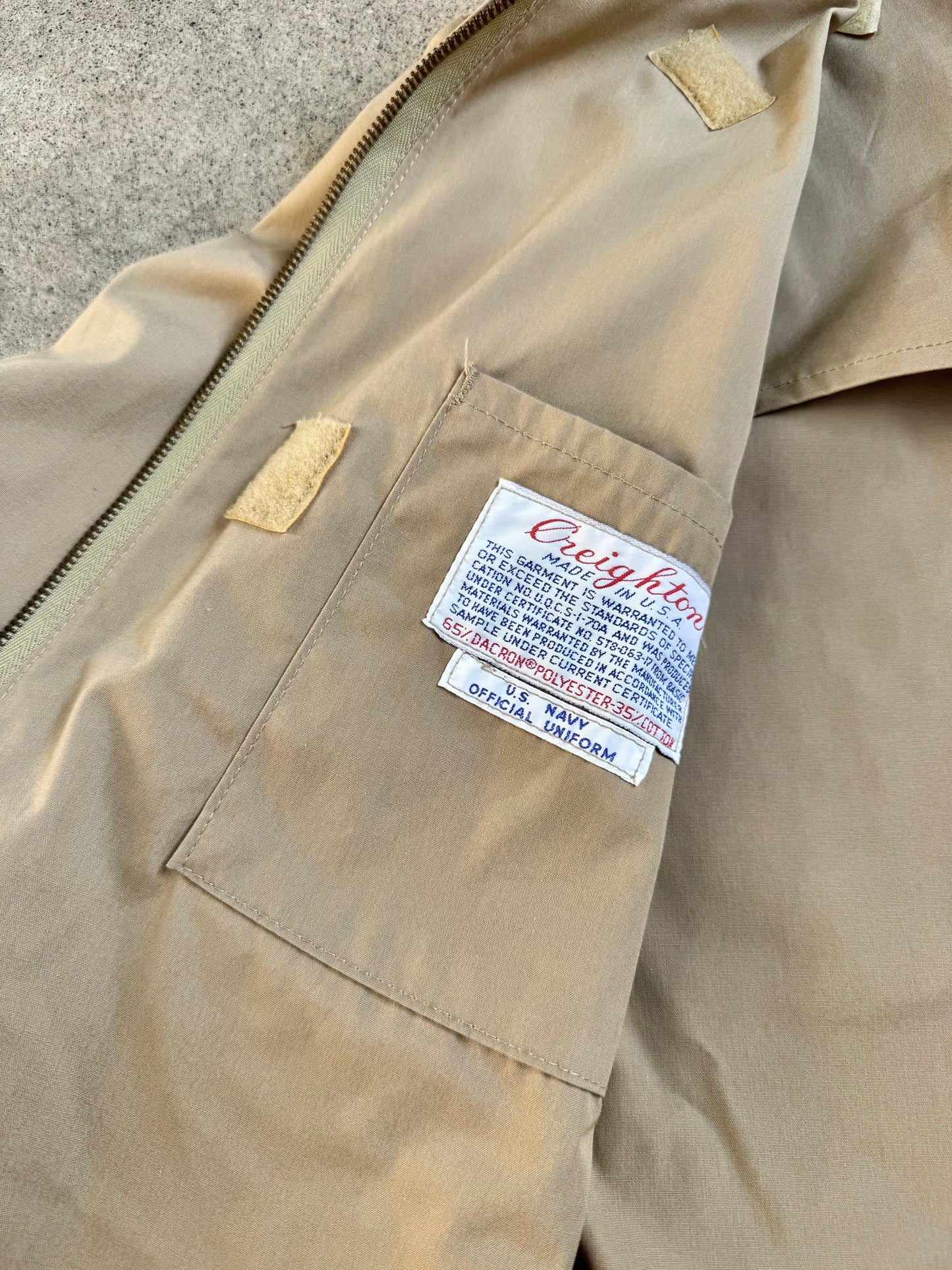 Vintage 1970s Creighton U.S. Navy Tan Zip-Up Windbreaker Jacket w/ Letterman Patch | Medium