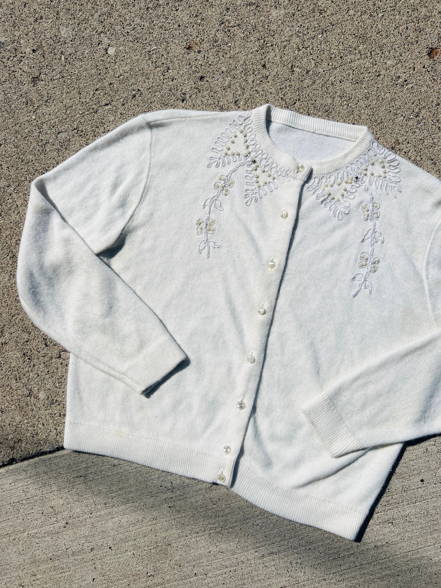 Vintage 1950s White Beaded Cashmere Cardigan | S/M