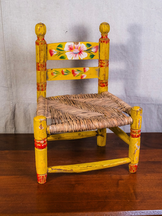 Vintage Mexican Folk Art Yellow Floral Painted Straw Woven Children's Chair